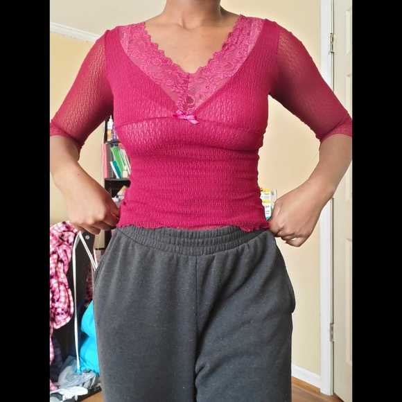 COPY - Vintage Ann Ferriday Maroon Pull Over Lace / Mesh / Stretch / Fairy Blou… - Picture 8 of 10